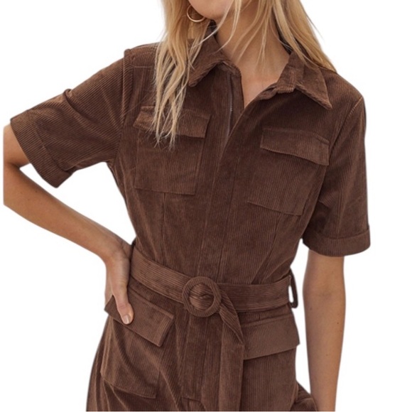Nasty Gal Jumpsuit Womens 6 Brown Corduroy Flared Flare Belted Short Sleeves NWT - Picture 6 of 14